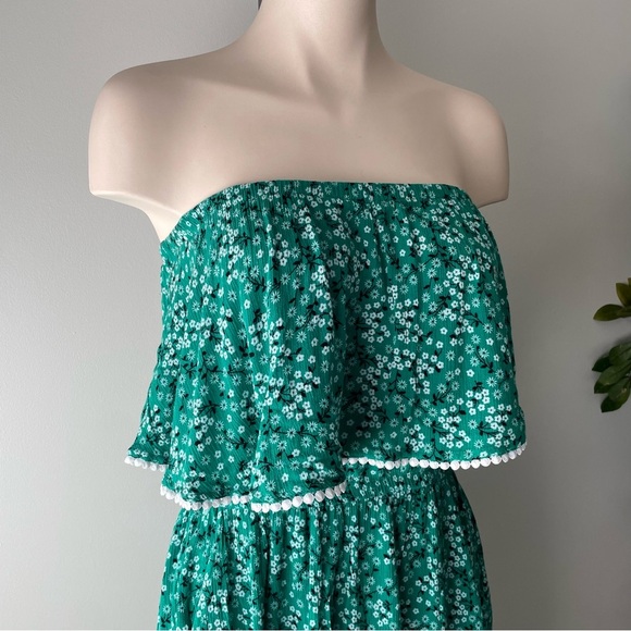 Tropik Off Shoulder Floral Mini Dress Green Beach White Size Medium - Picture 4 of 9